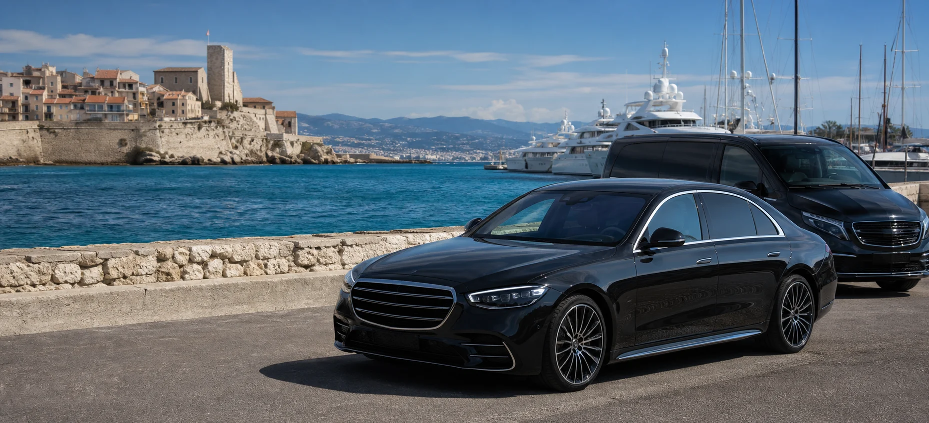 Premium chauffeur car representing the Nice Airport to Antibes route